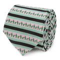 Close up of a sage green, black, and pink striped necktie with a repeating cactus print pattern.