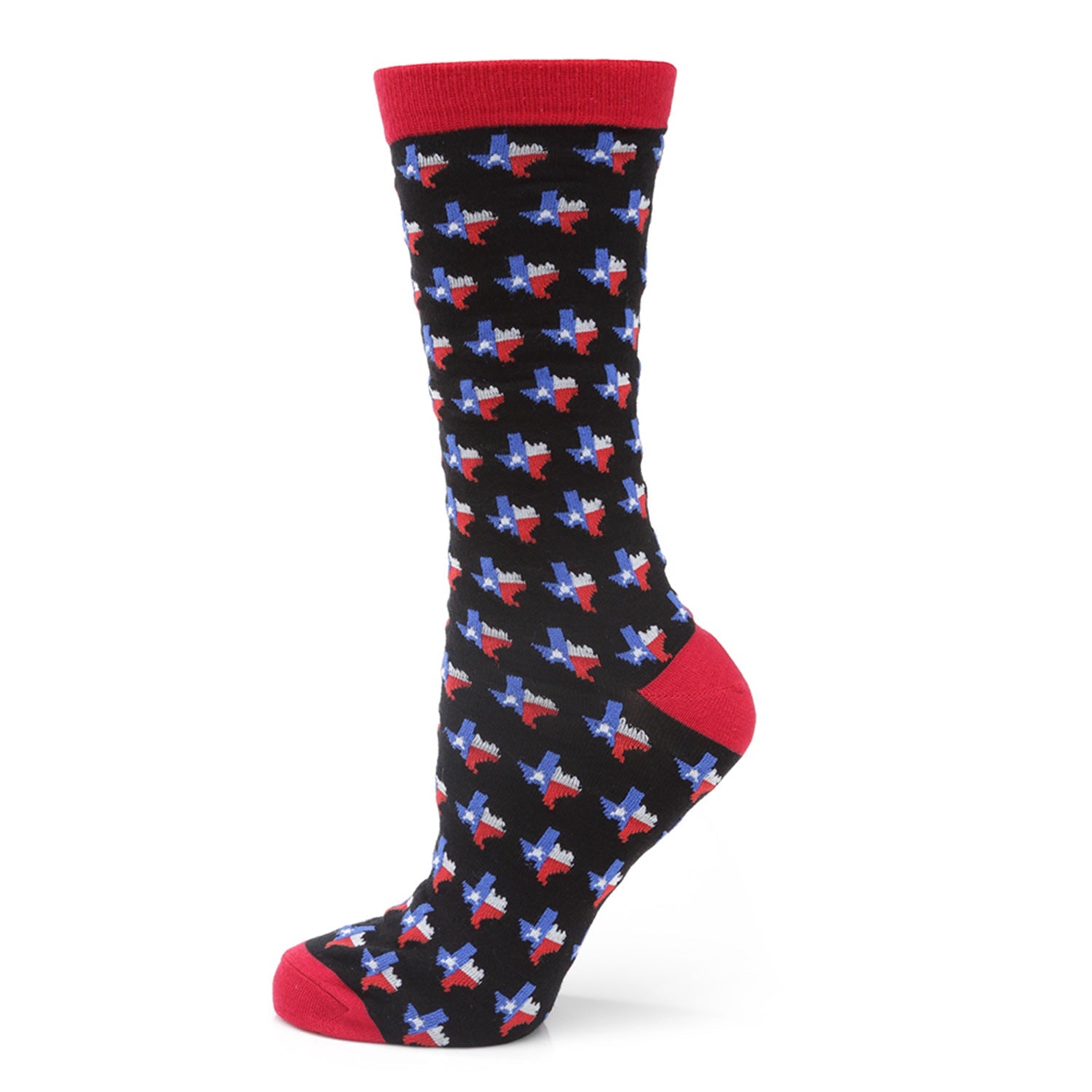 A pair of black crew socks featuring a repeating Texas state flag pattern with red, white, and blue details and red cuffs, heels, and toes.