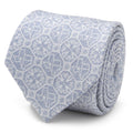 Pale blue silk necktie featuring geometric patterns and Lone Star State Texas icons.