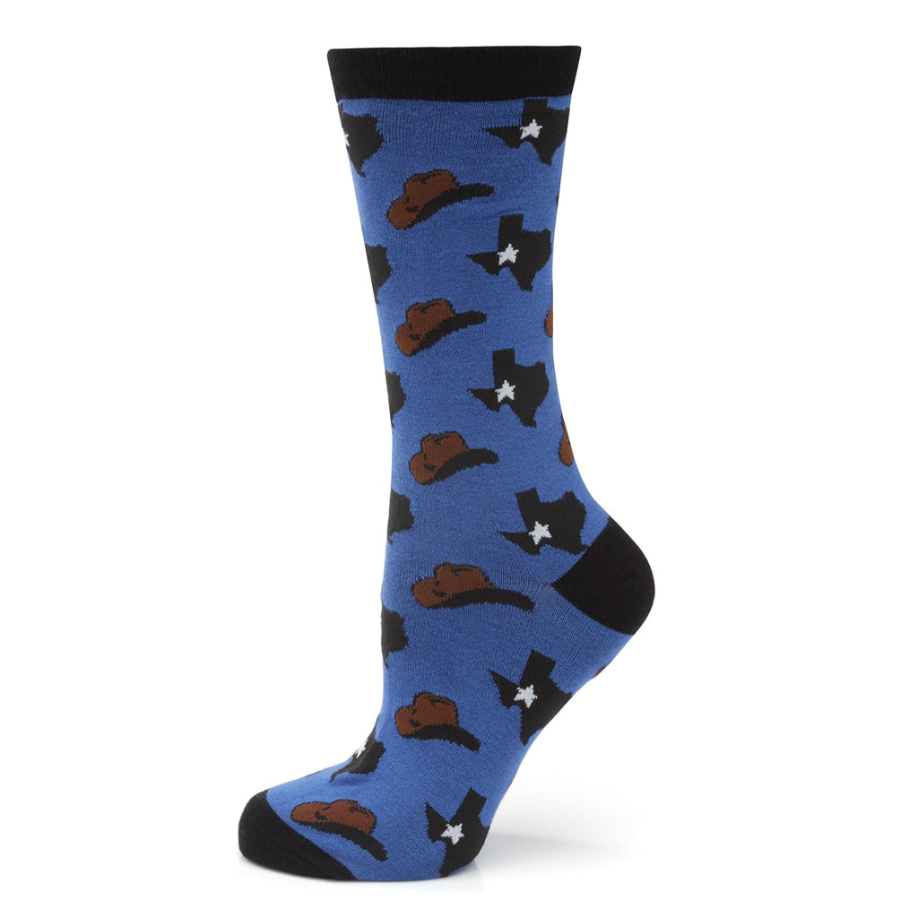 A pair of blue crew socks featuring a pattern of brown cowboy hats and black Texas state outlines with white stars.