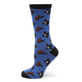 A pair of blue crew socks featuring a pattern of brown cowboy hats and black Texas state outlines with white stars.