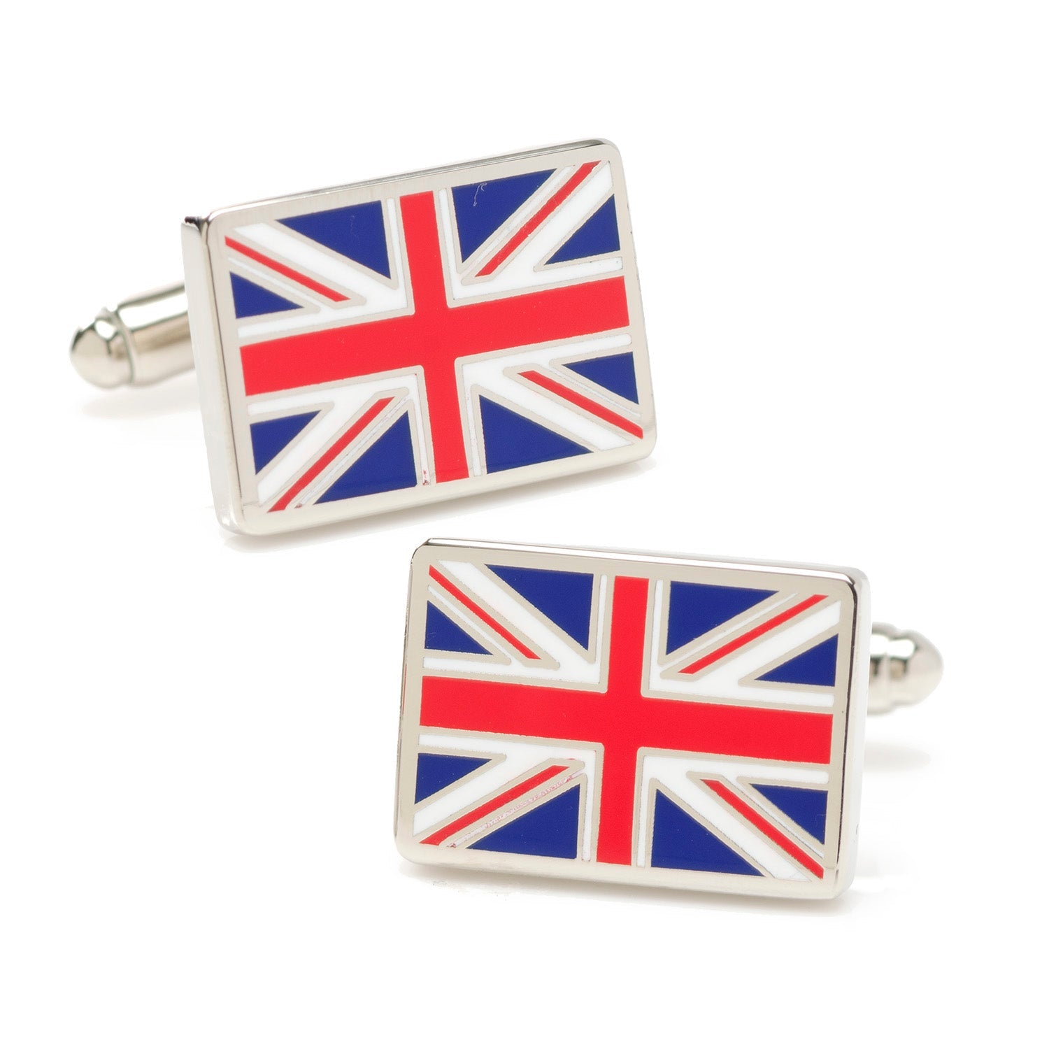 A pair of rectangular United Kingdom flag cufflinks showing the Union Jack design in red, white, and blue on a silver-tone base.
