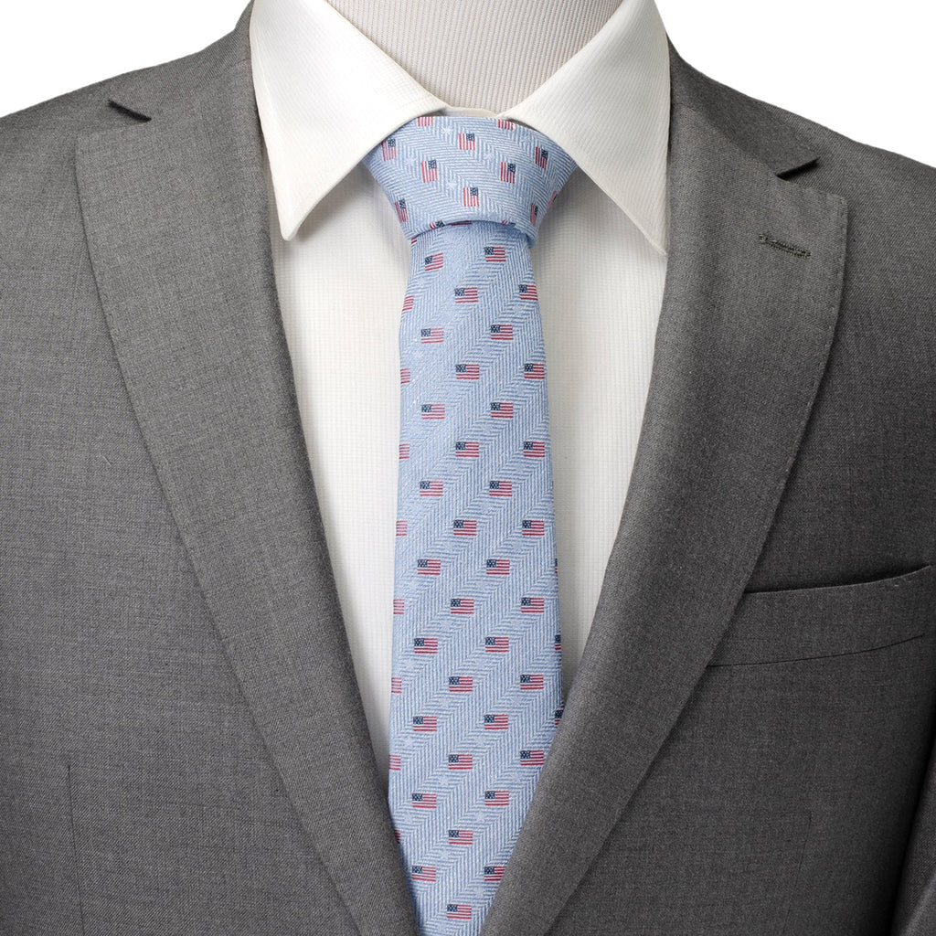 Light Blue American Flag Herringbone Print Cotton Necktie
