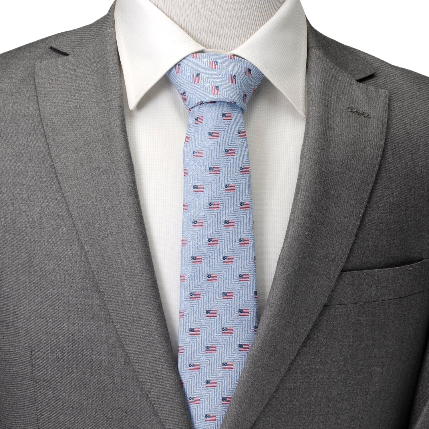 Light Blue American Flag Herringbone Print Cotton Necktie