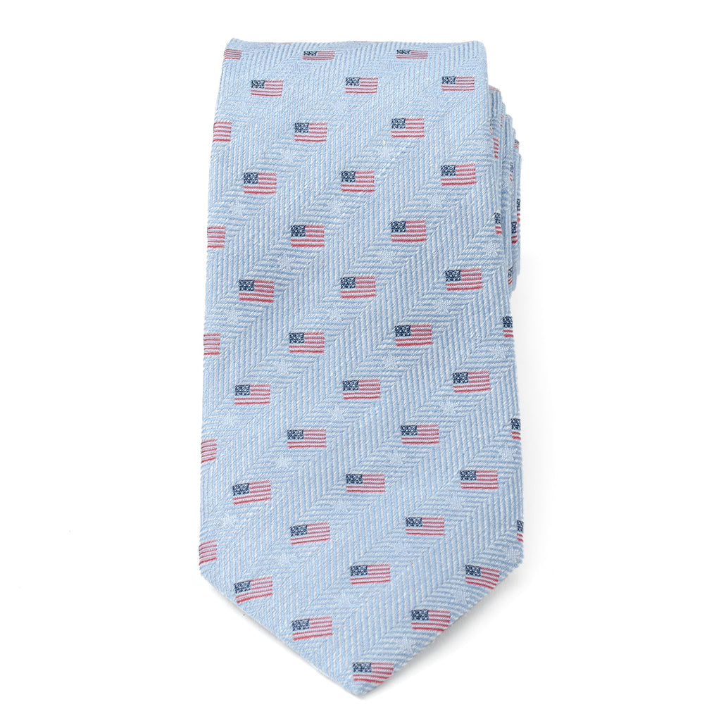 Light Blue American Flag Herringbone Print Cotton Necktie