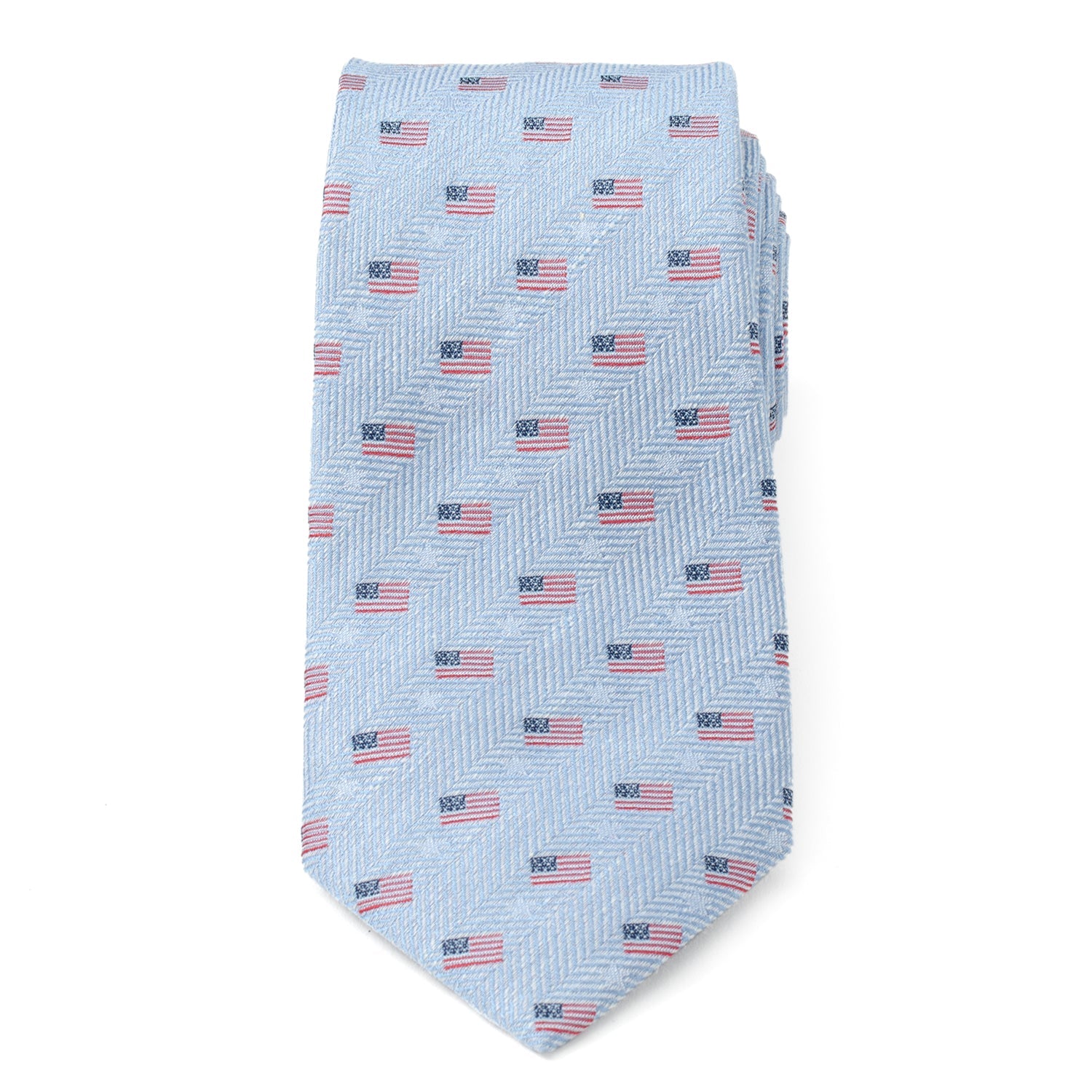 Light Blue American Flag Herringbone Print Cotton Necktie