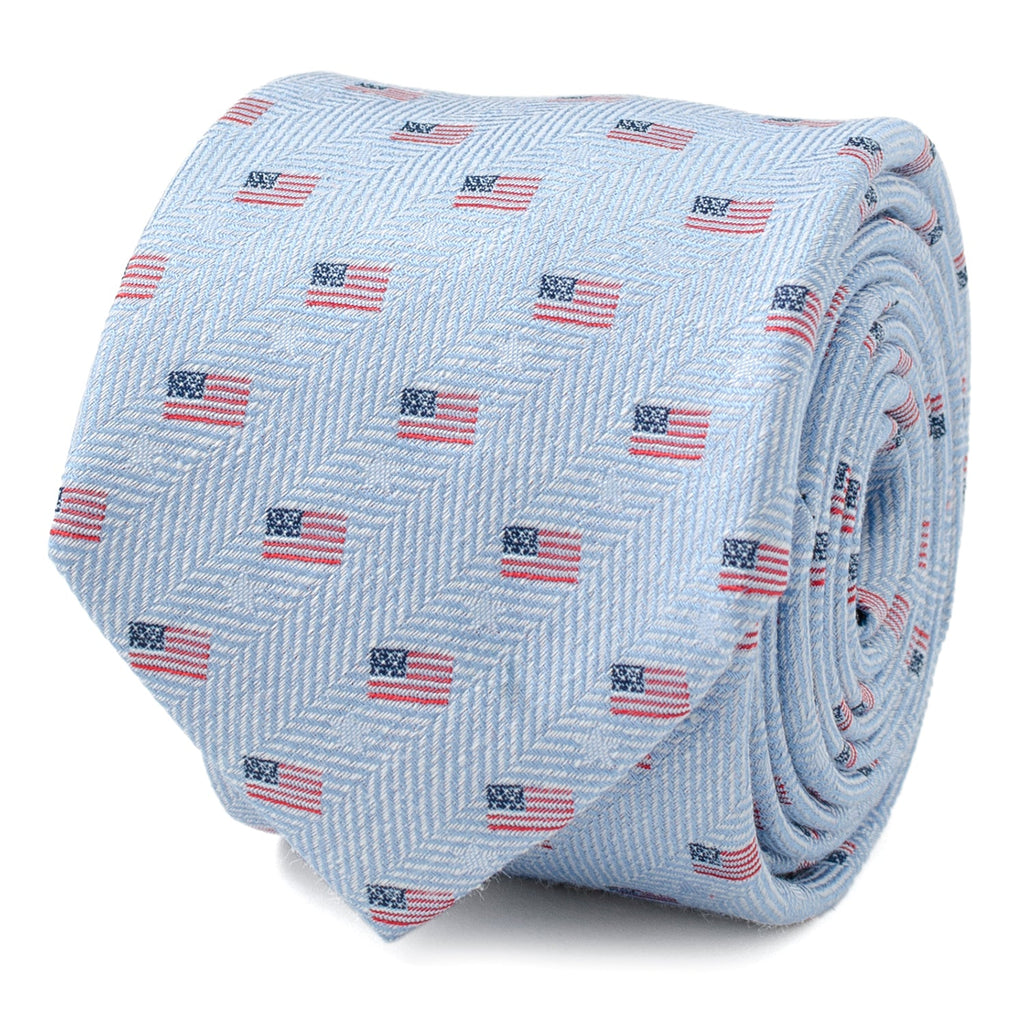 Light Blue American Flag Herringbone Print Cotton Necktie