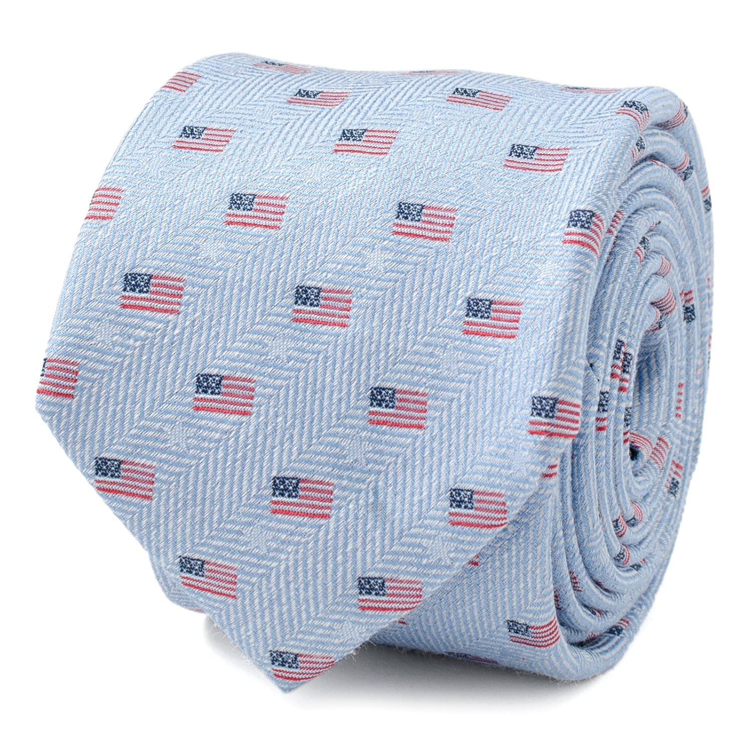 Light Blue American Flag Herringbone Print Cotton Necktie