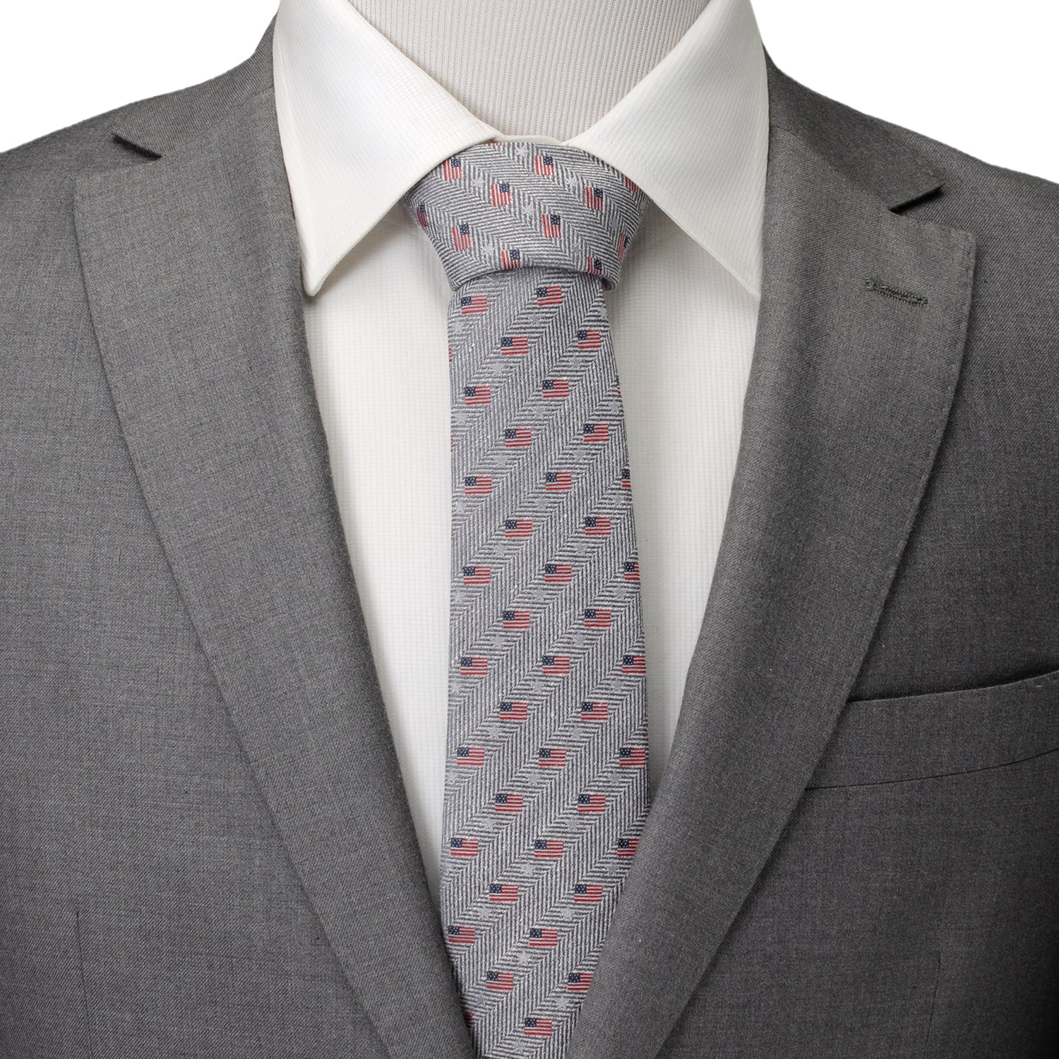 Light Gray Herringbone American Flag Print Cotton Tie - Image 2