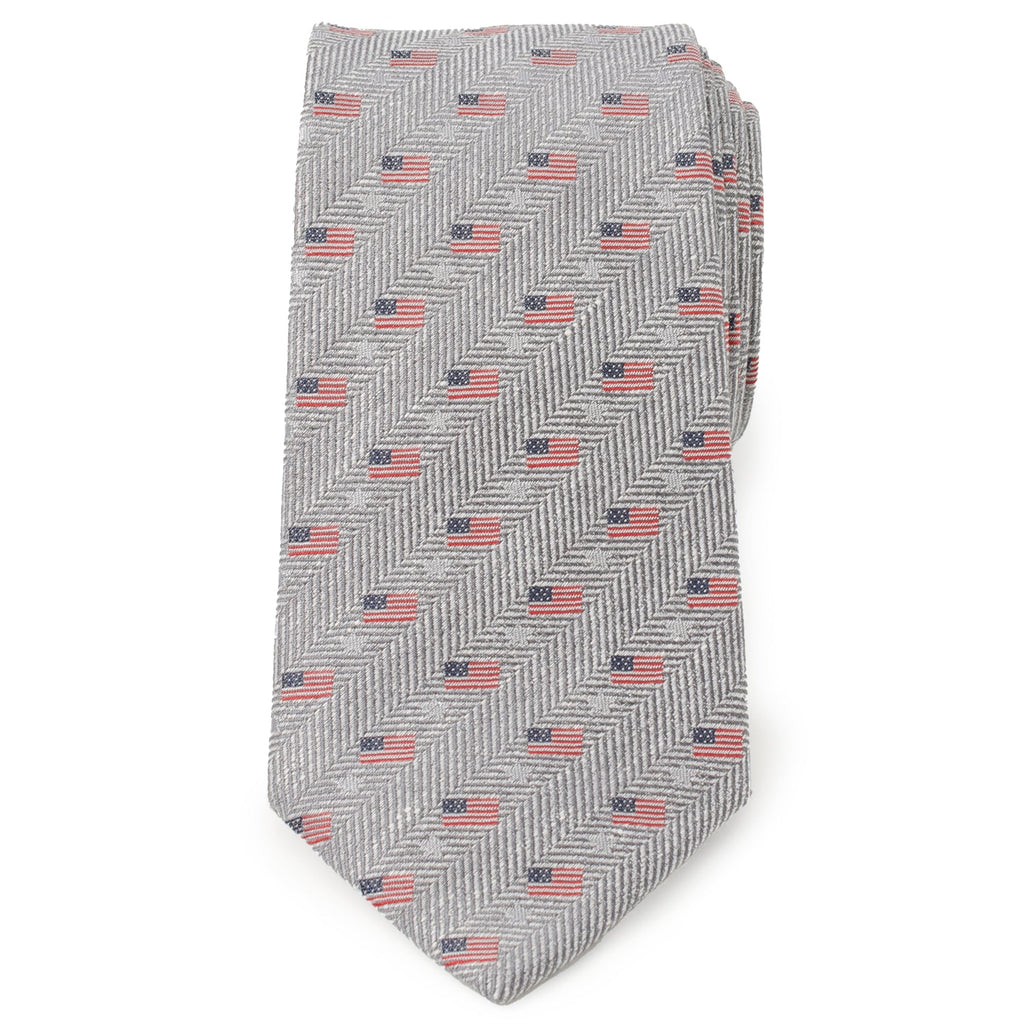 Light Gray Herringbone American Flag Print Cotton Tie - Image 3