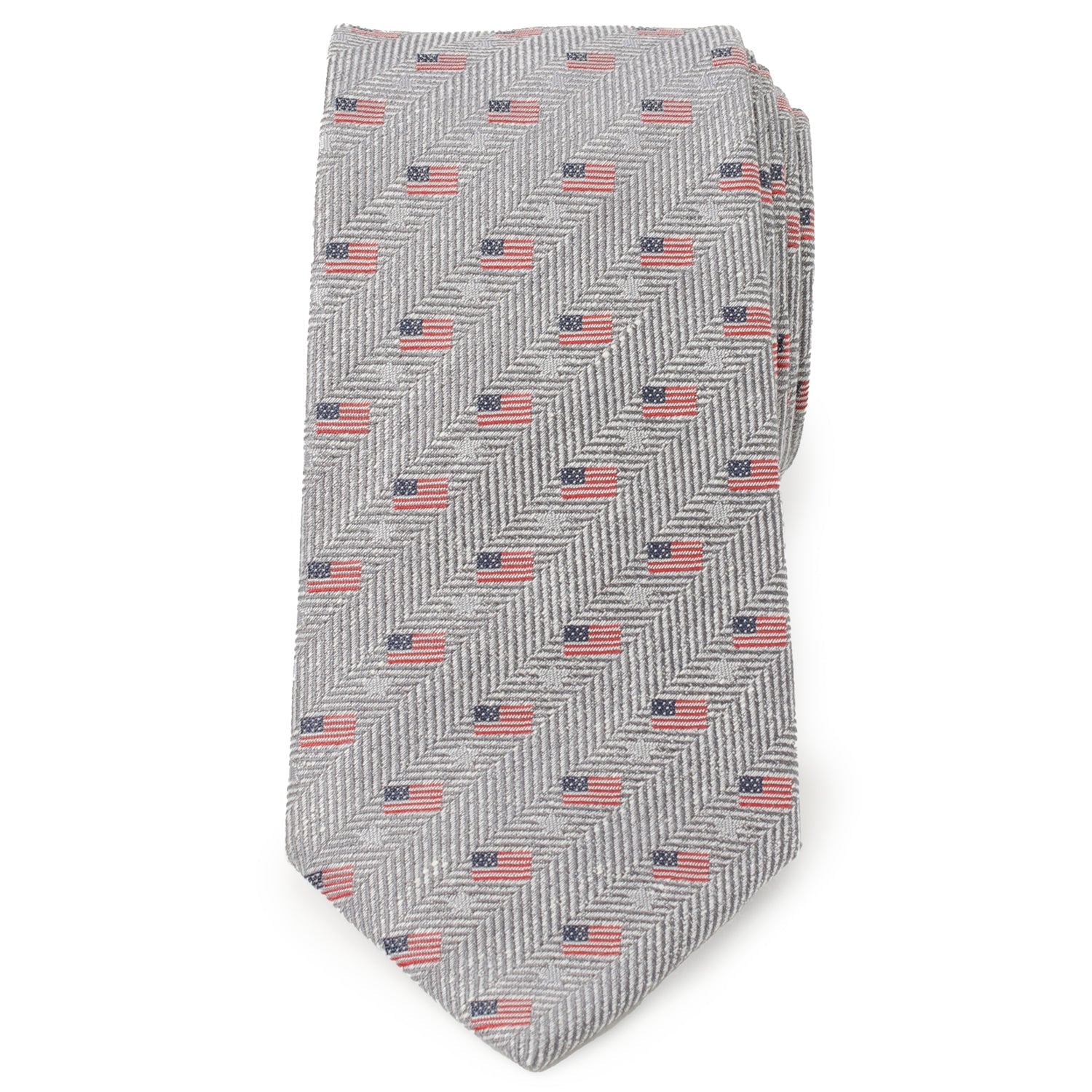 Light Gray Herringbone American Flag Print Cotton Tie - Image 3