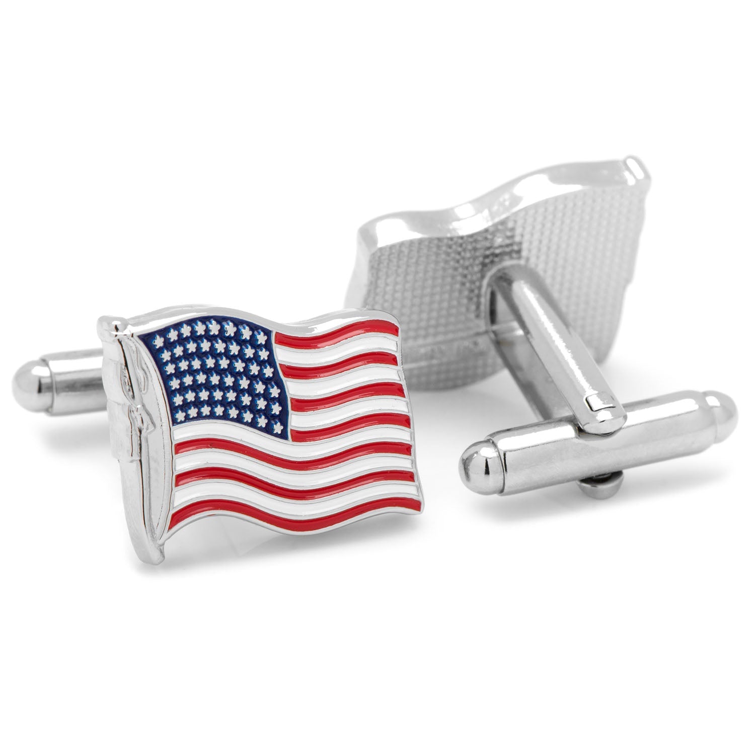 Waving American Flag Enamel Cufflinks in Silver Tone