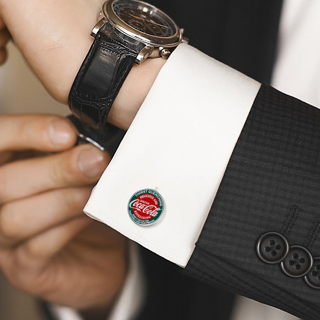 Coca-Cola Logo Round Cufflinks in Red and Green Enamel - Image 2