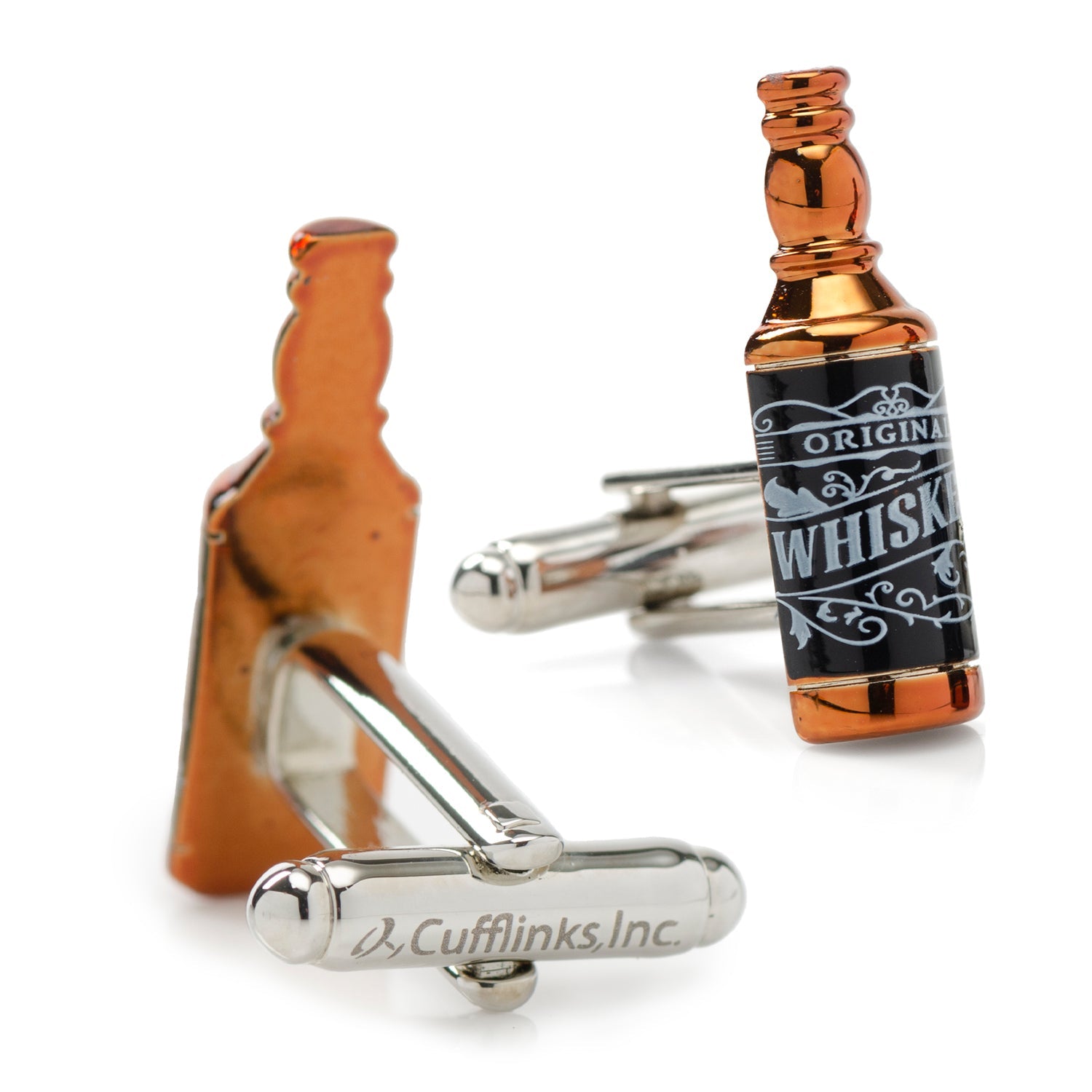 Whiskey Bottle Cufflinks in Black and Copper Tone Metal - Image 2