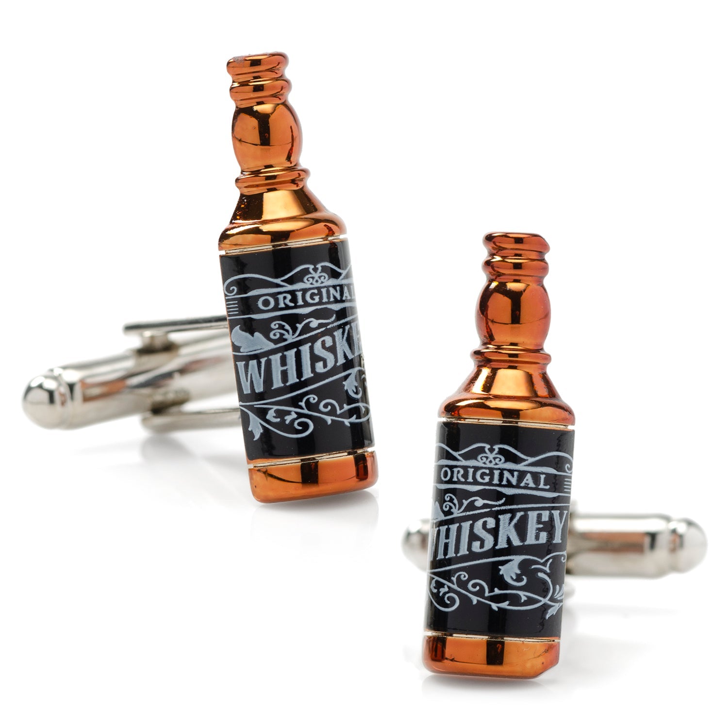 A pair of novelty whiskey bottle shaped cufflinks with a black label design and copper finish