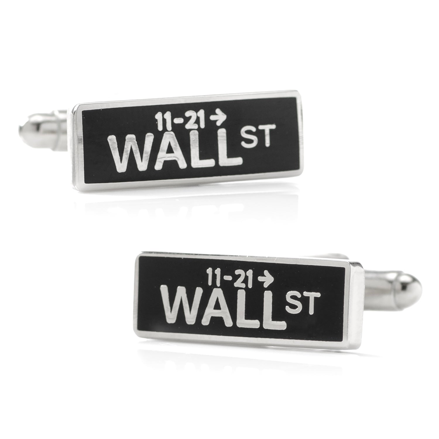 A pair of rectangular cufflinks featuring a black and white Wall Street sign design.