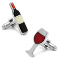 A pair of cufflinks featuring a wine bottle and a wine glass design, set against a white background.
