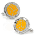 Close up of yellow water polo ball design cufflinks with silver leafing detail on a white background