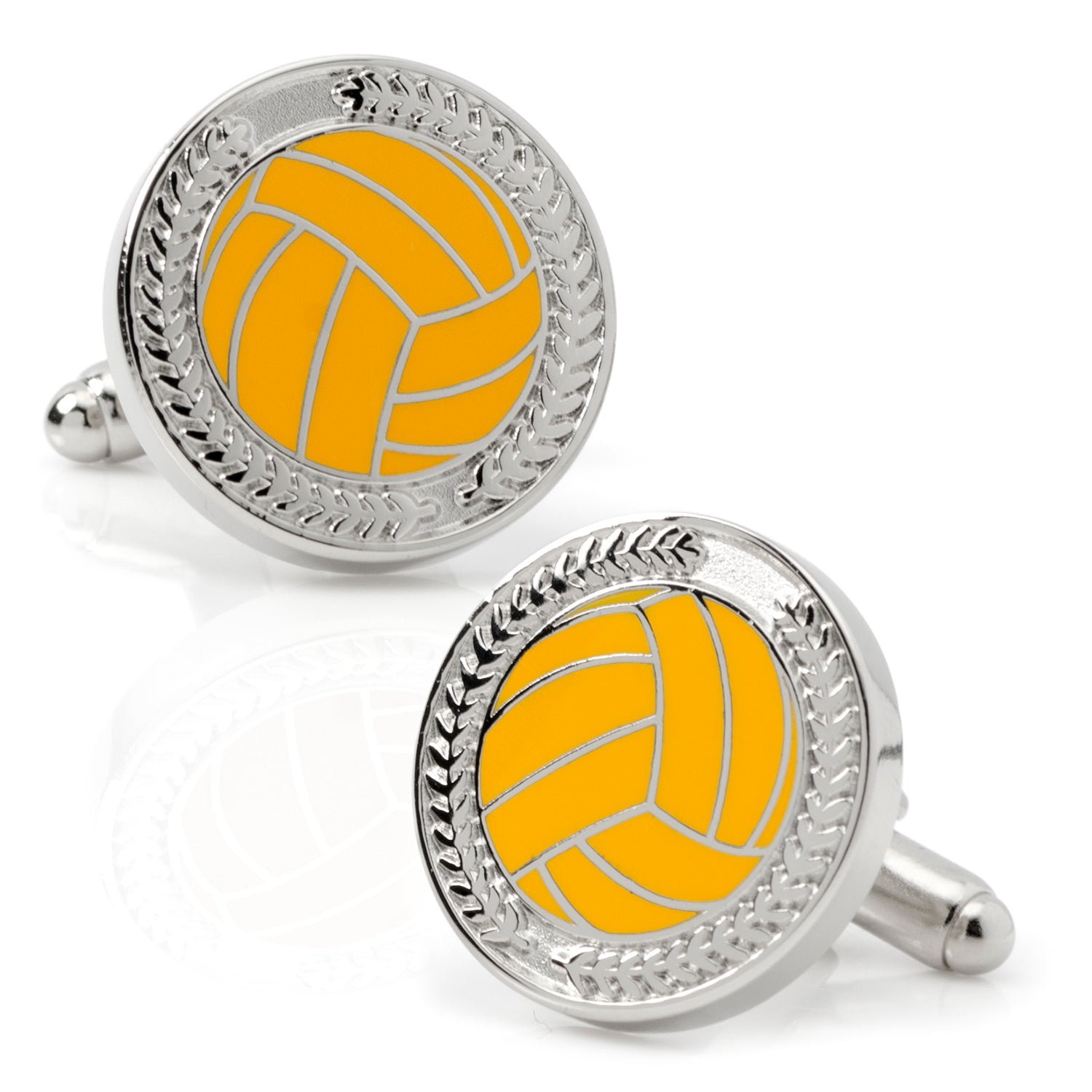 Close up of yellow water polo ball design cufflinks with silver leafing detail on a white background