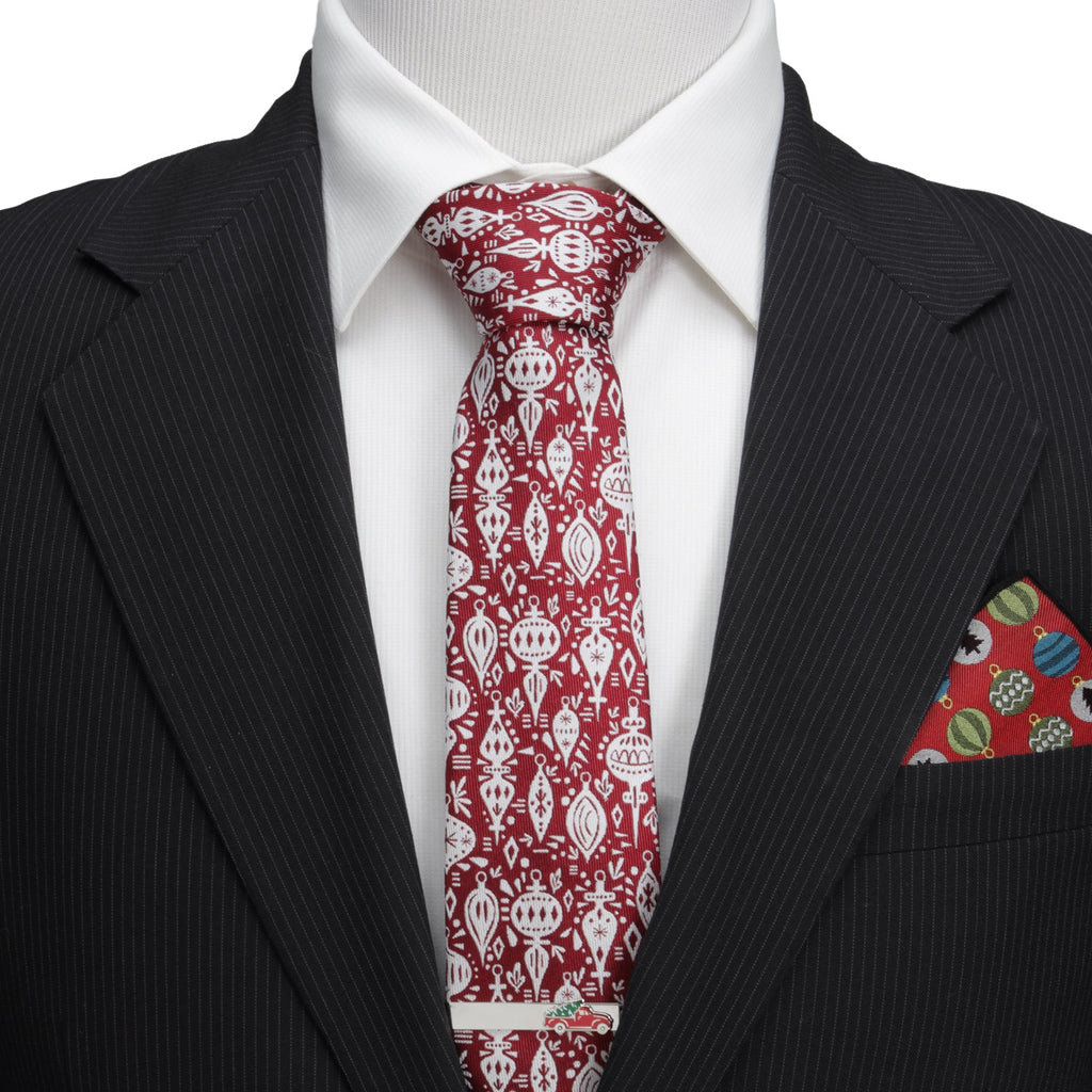 Red Christmas Ornament Print Men's Silk Tie - Image 2