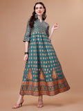 Multicolor flared rayon kurta with ethnic motifs and 3/4th sleeves