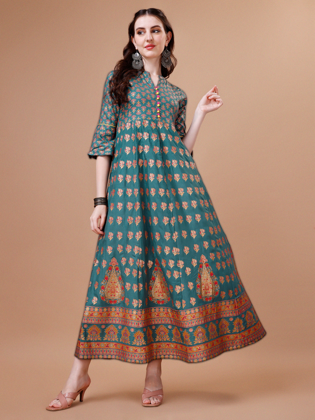 Multicolor flared rayon kurta with ethnic motifs and 3/4th sleeves