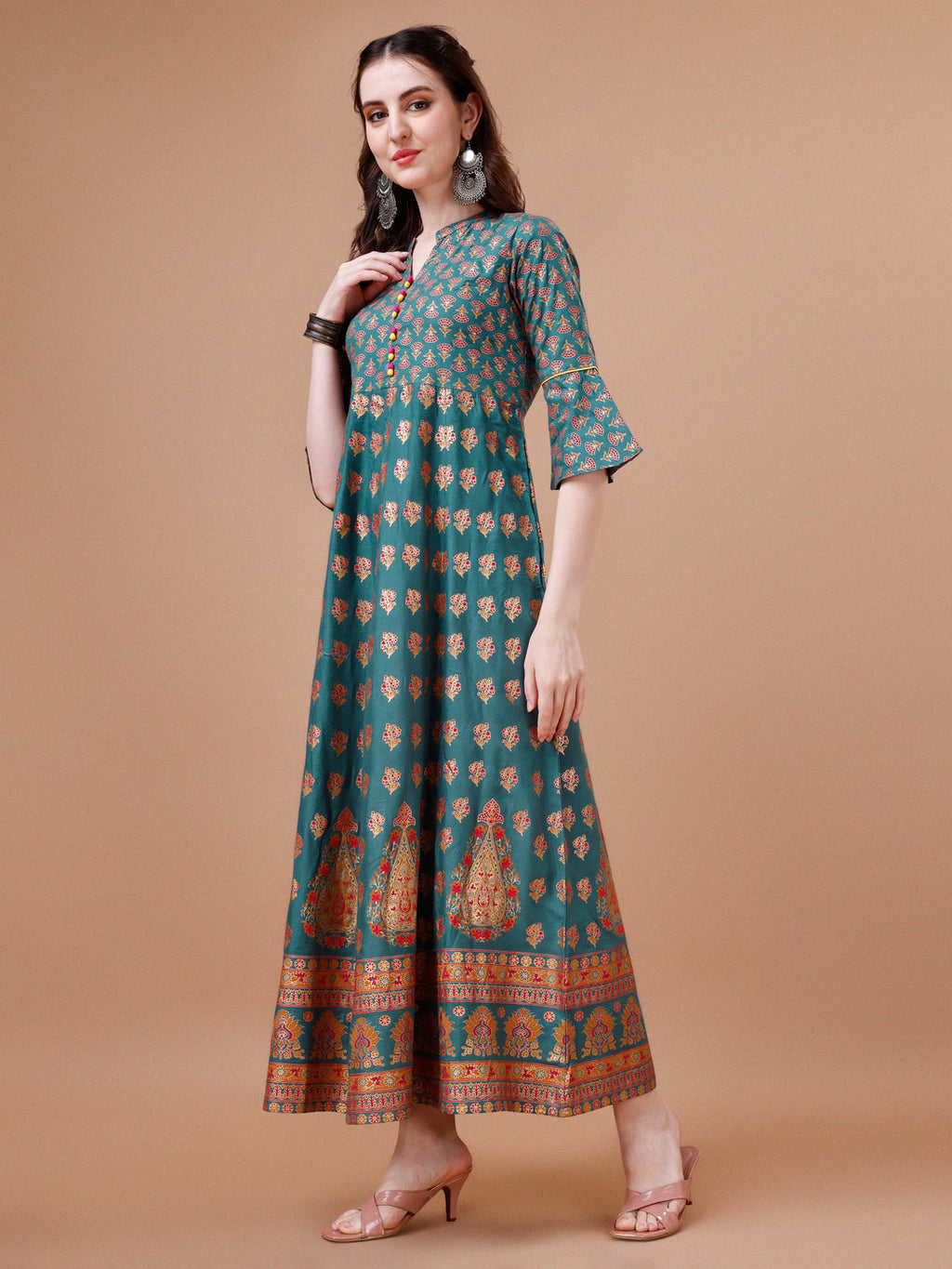 Rayon Ethnic Motifs Flared Kurta in Multicolor