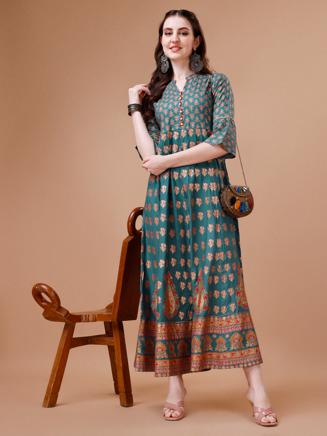 Rayon Ethnic Motifs Flared Kurta in Multicolor