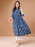 Multicolor floral printed flared kurta with tie-up round neck detail