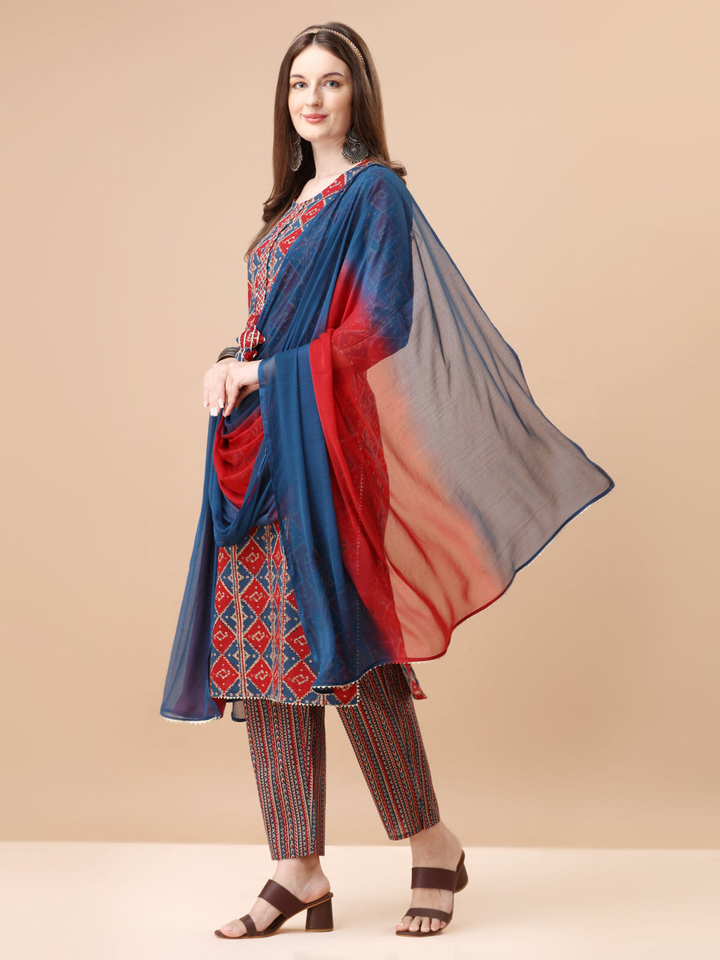 Multicolor Printed Kurta Set with Mirror Embellishments