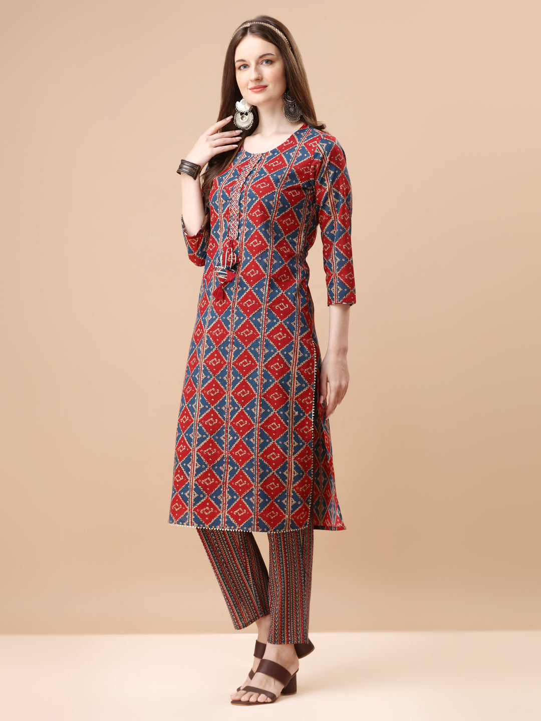 Multicolor Printed Kurta Set with Mirror Embellishments