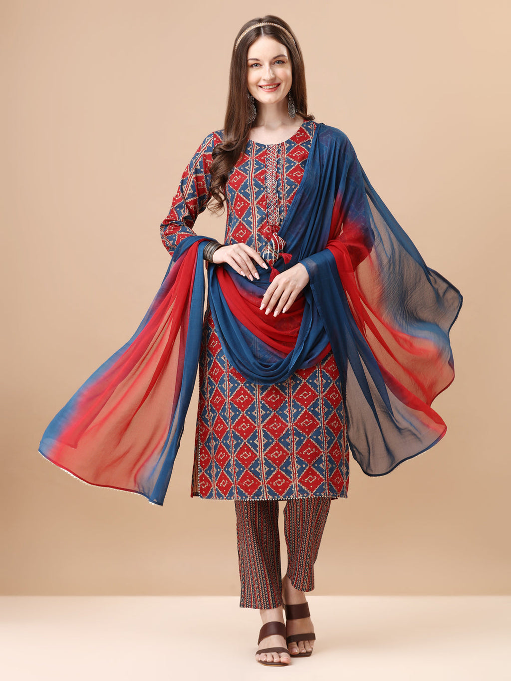 Multicolor printed kurta set with mirror work details and matching dupatta