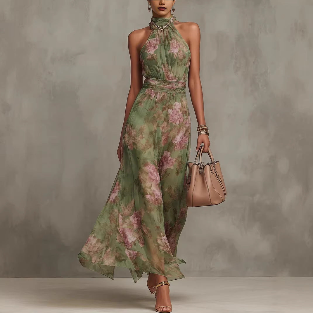 Green and pink graffiti print mesh maxi dress with suspender straps and an irregular hem slit