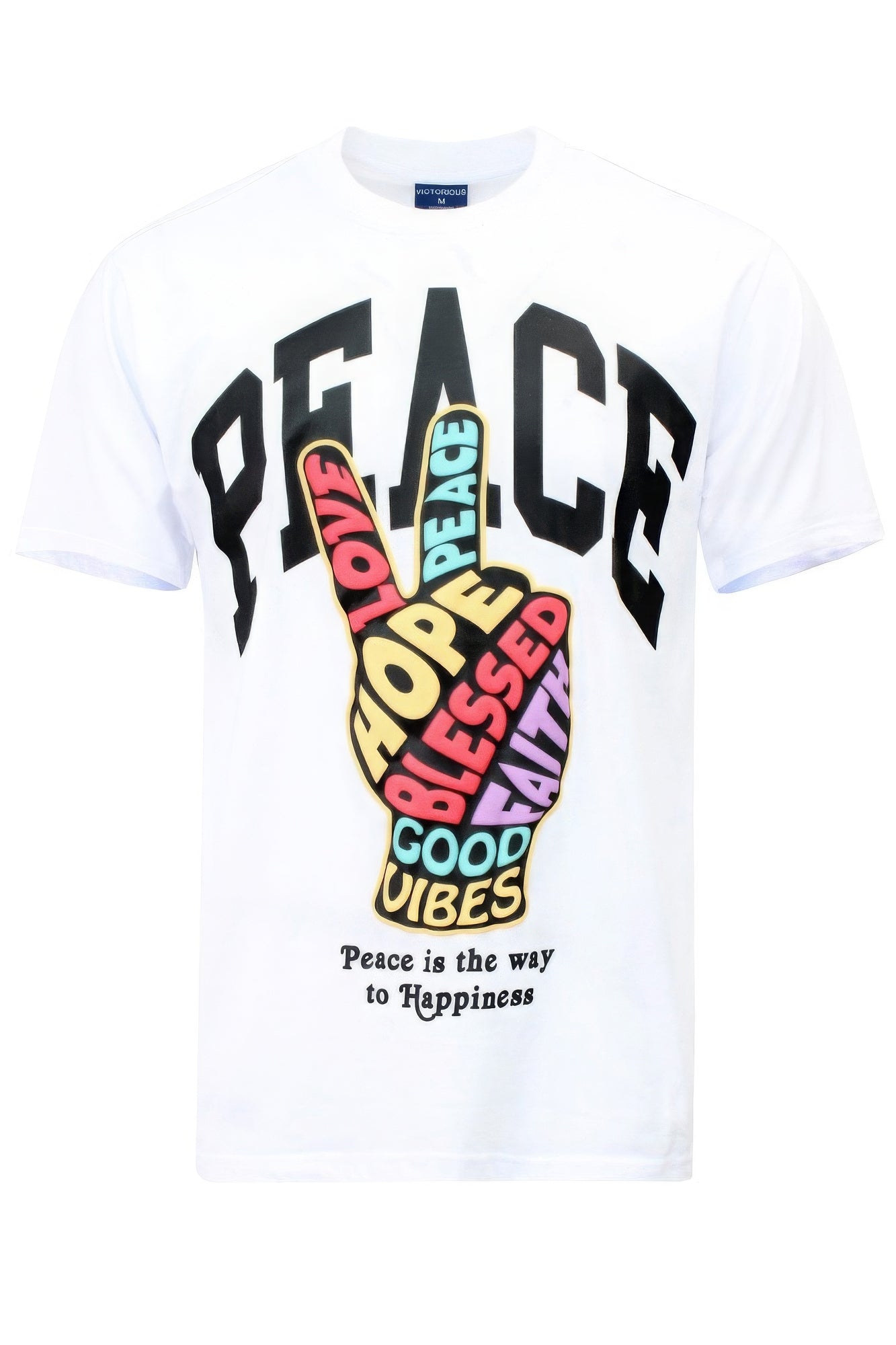 White t-shirt with a large colorful graphic of a hand making a peace sign surrounded by words like love, hope, and faith.