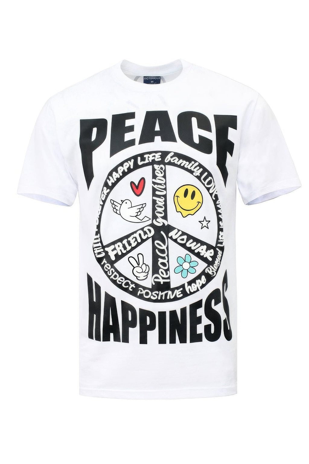 White t-shirt with a large colorful Peace and Happiness graphic print on the front and a small peace symbol on the back.