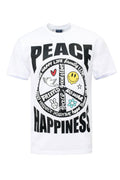 White t-shirt with a large colorful Peace and Happiness graphic print on the front and a small peace symbol on the back.