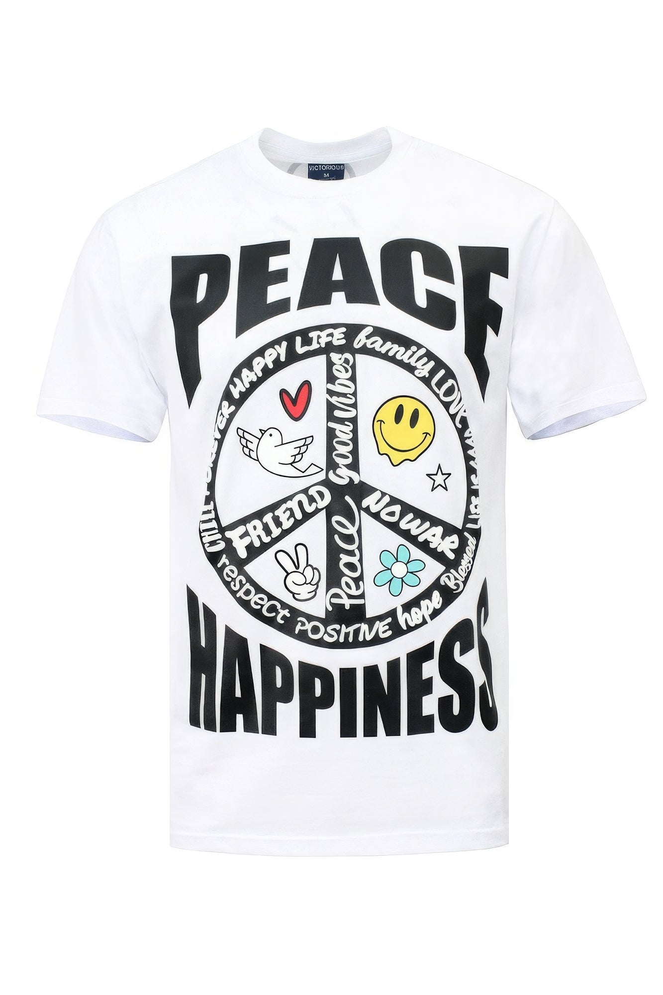 White t-shirt with a large colorful Peace and Happiness graphic print on the front and a small peace symbol on the back.