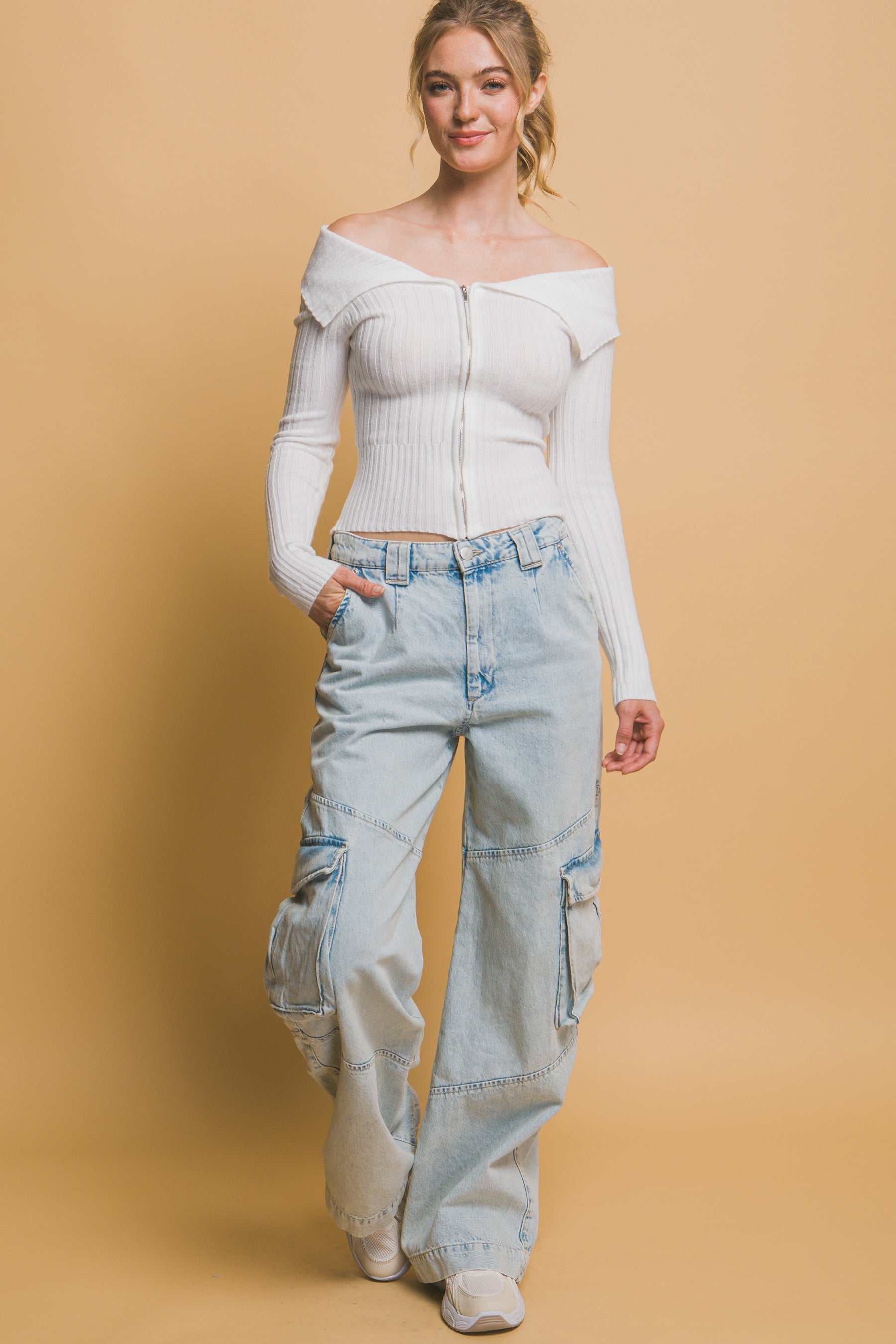 White Ribbed Bardot Zip Up Long Sleeve Top - Image 2