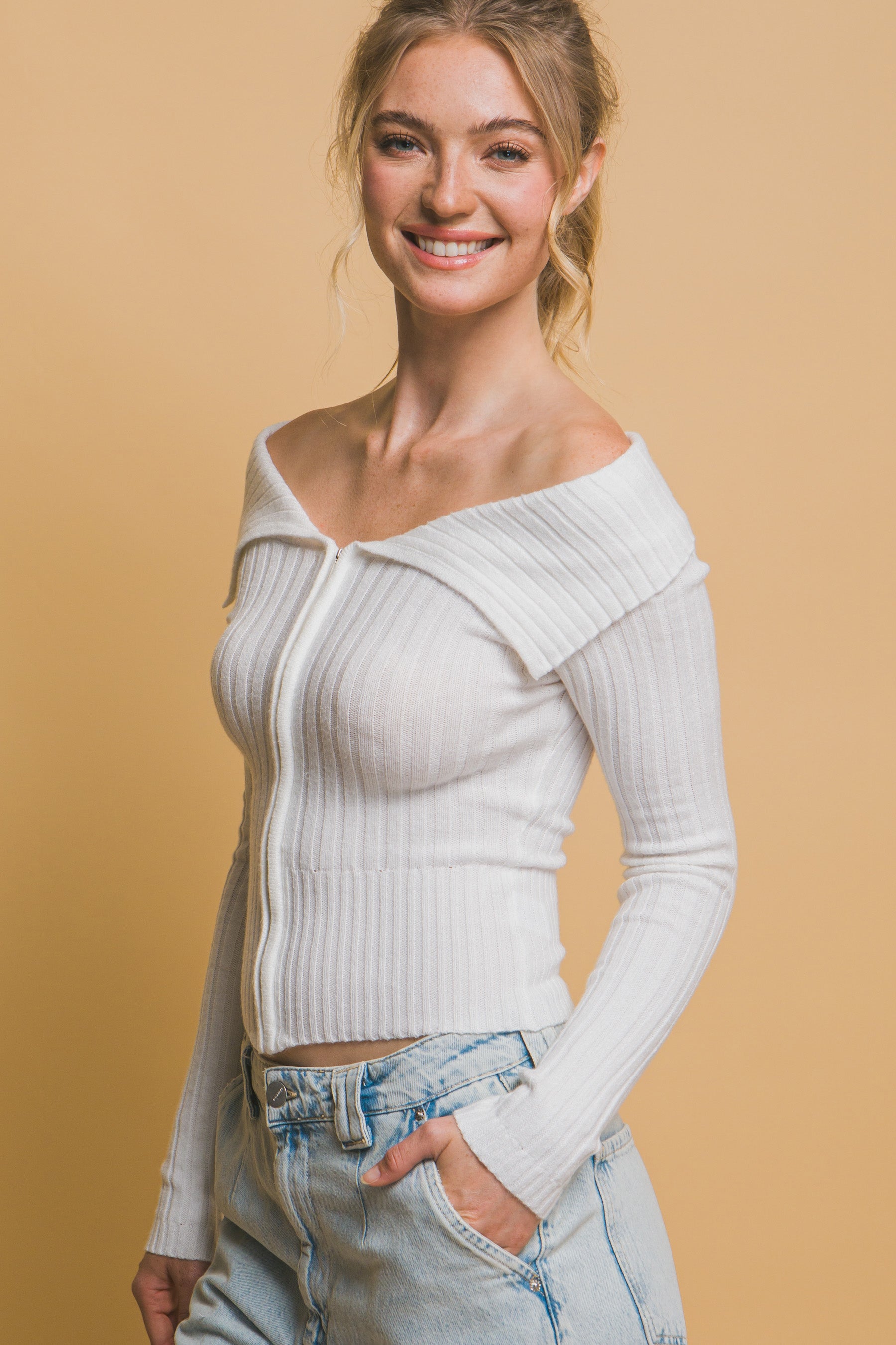 White Ribbed Bardot Zip Up Long Sleeve Top - Image 5