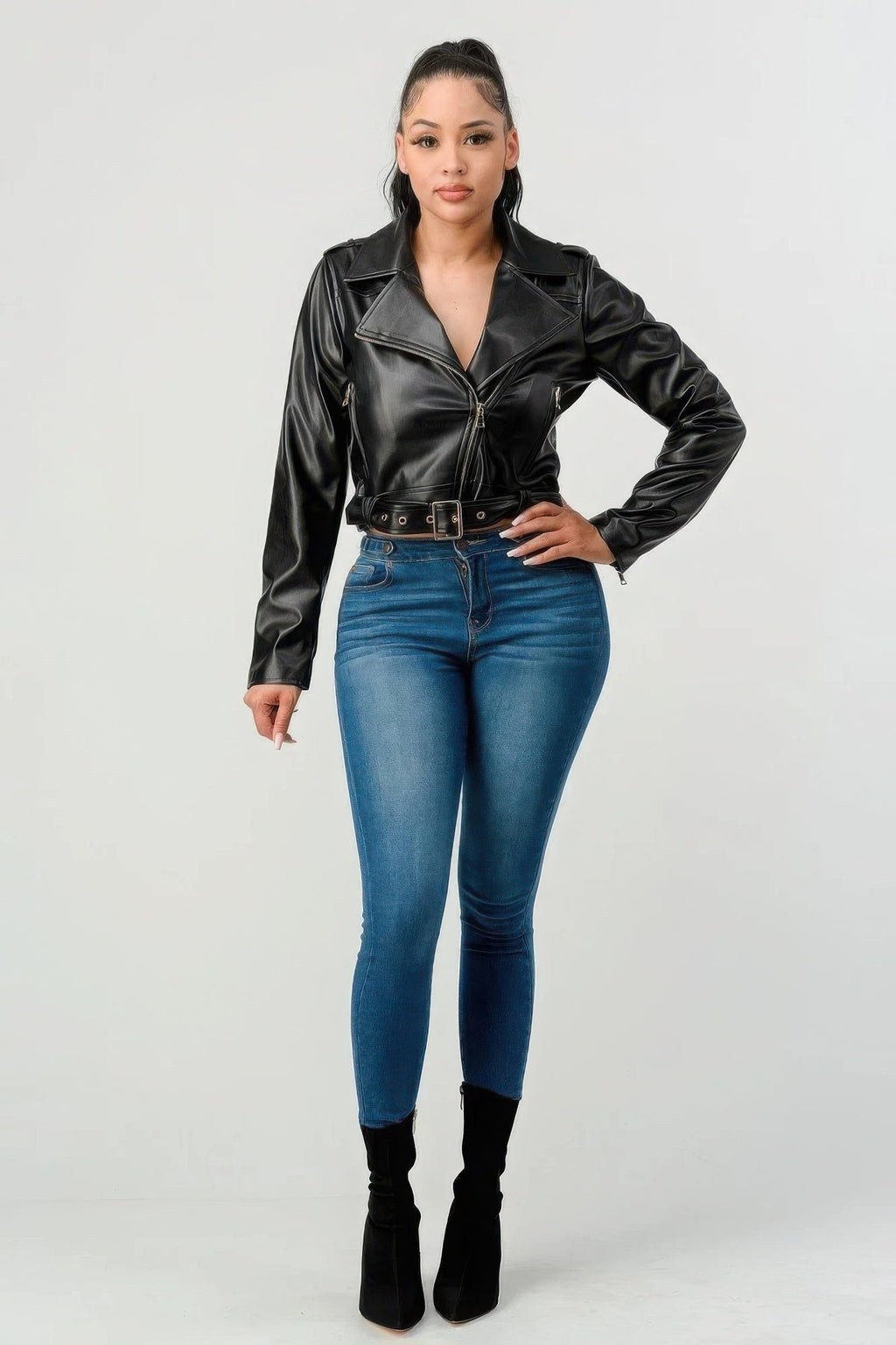 Women's Black PU Leather Moto Jacket with Belt - Image 2