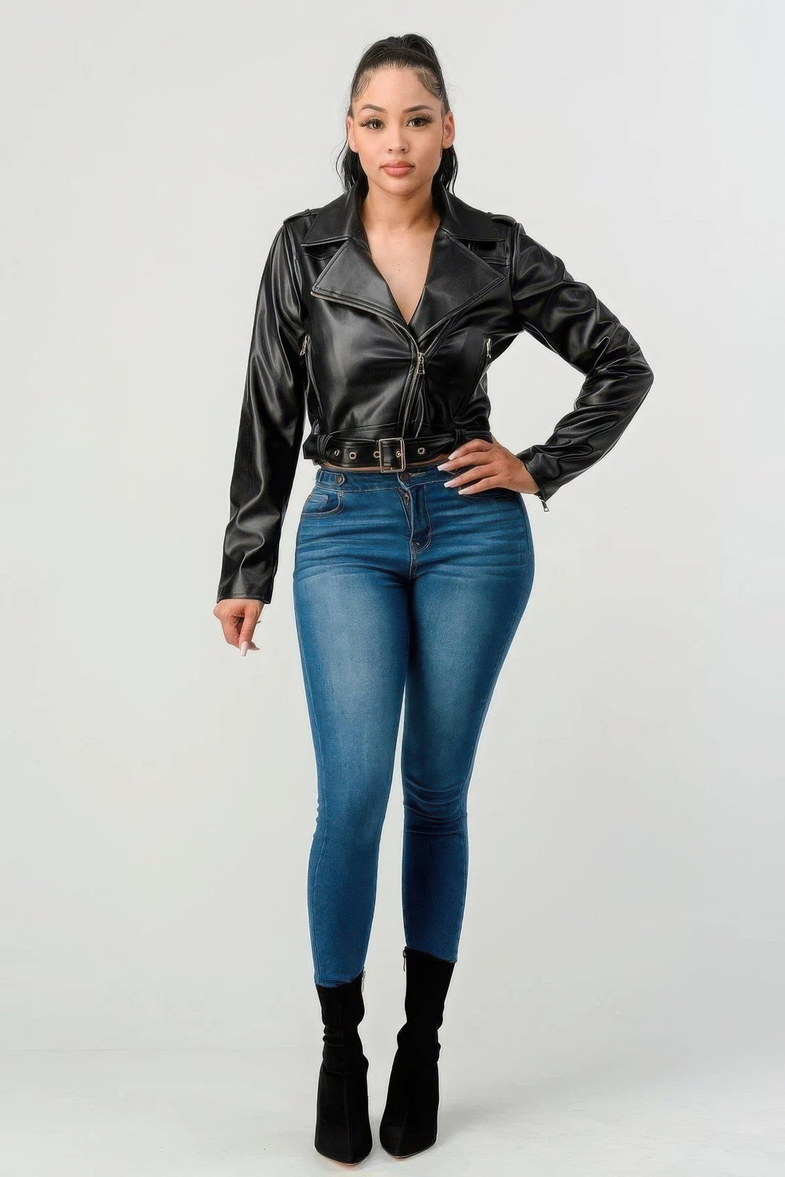 Women's Black PU Leather Moto Jacket with Belt - Image 2
