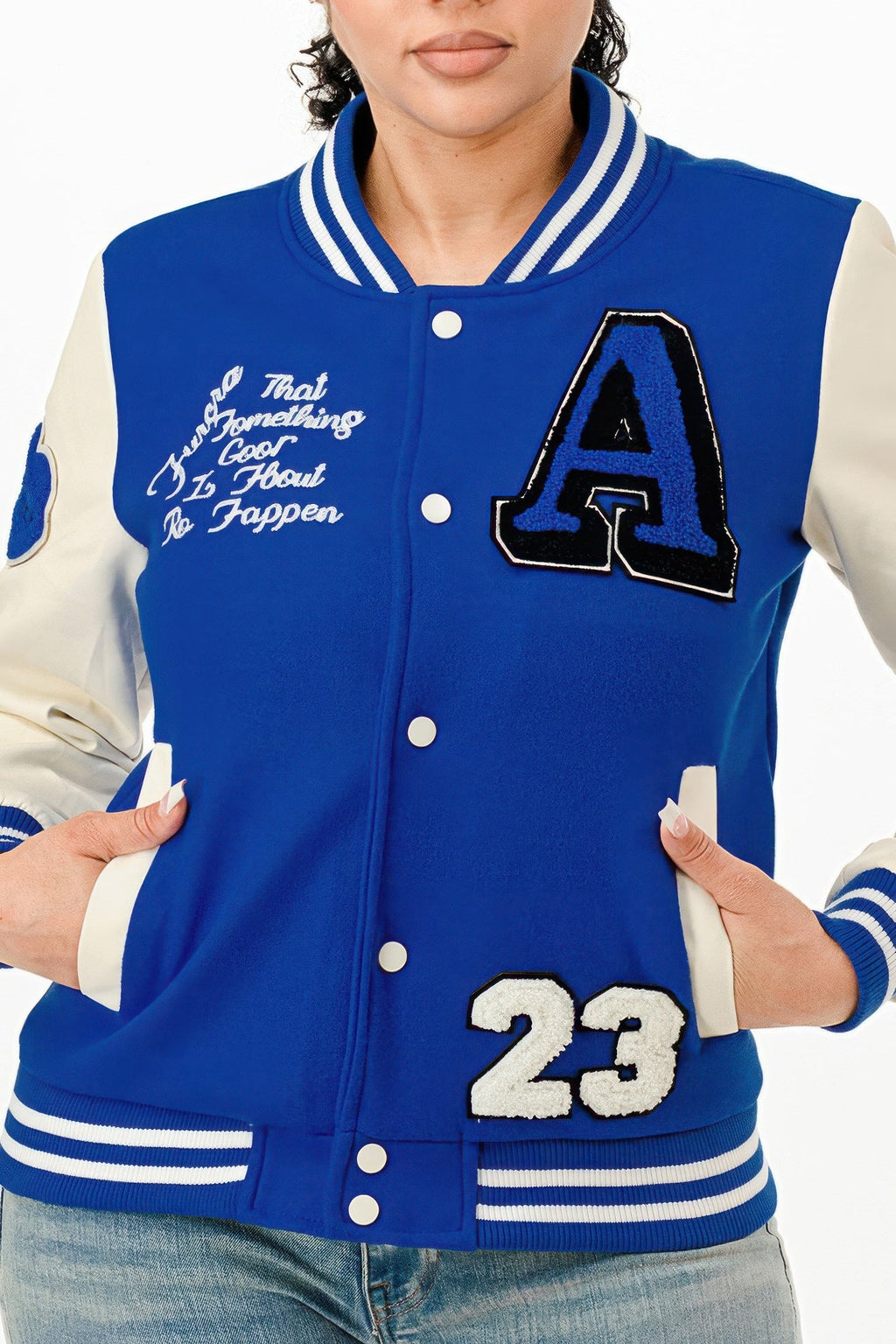 Women's Royal Blue Varsity Bomber Jacket with Graphic Patches - Image 2