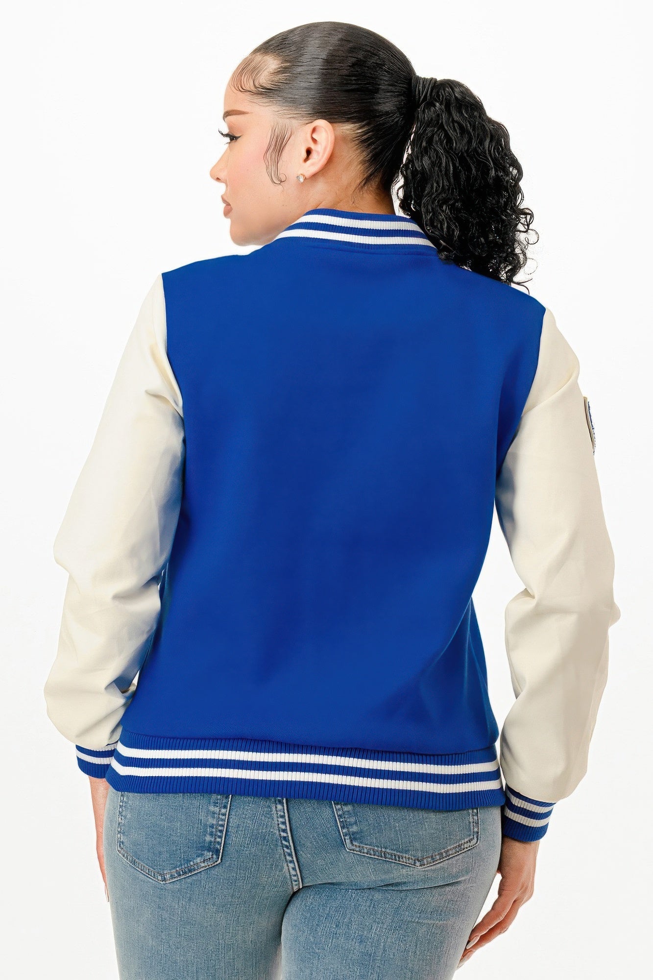 Women's Royal Blue Varsity Bomber Jacket with Graphic Patches - Image 3