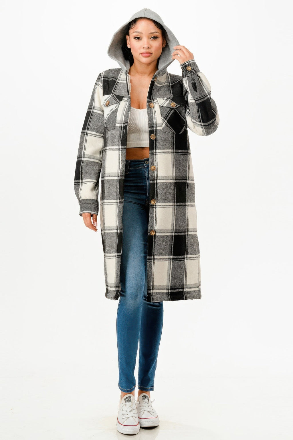 Women's Hooded Plaid Coat Black and White Button-Up Long Jacket - Image 2