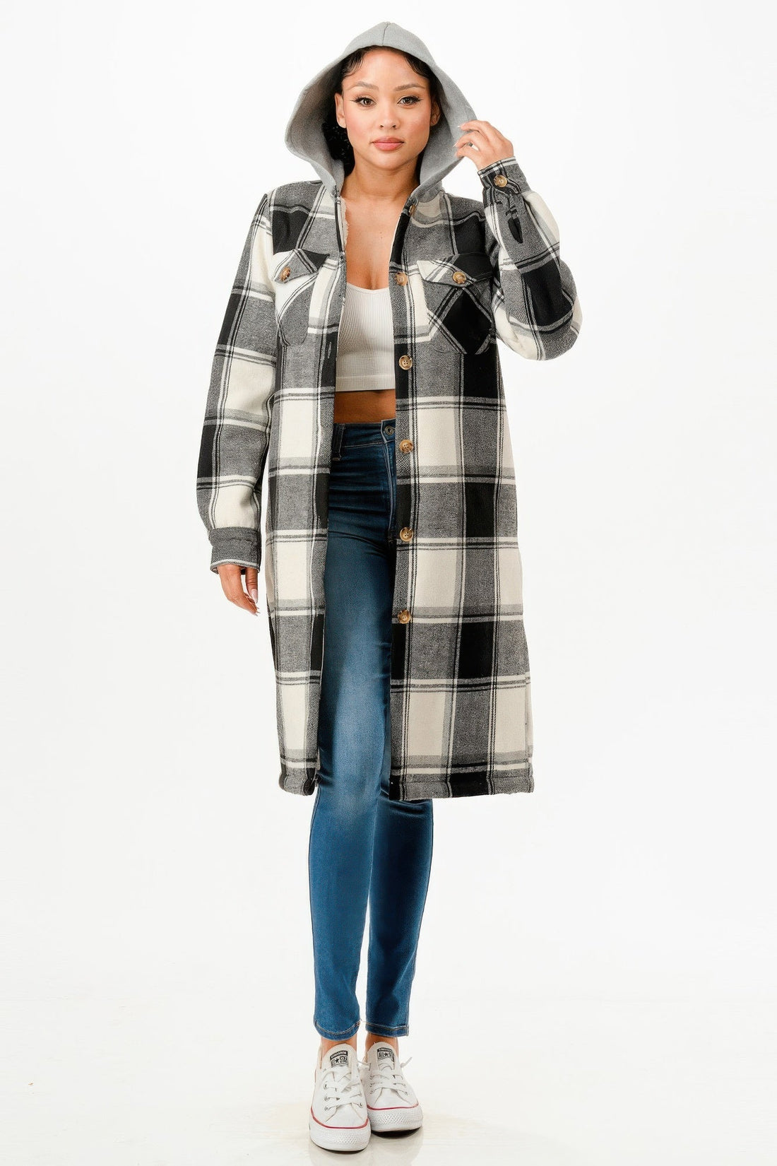 Women's Hooded Plaid Coat Black and White Button-Up Long Jacket - Image 2