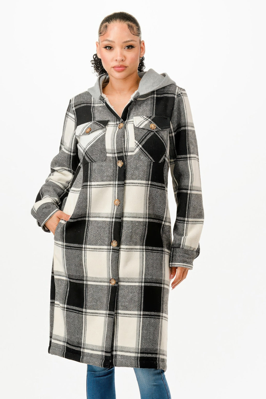 Women's Hooded Plaid Coat Black and White Button-Up Long Jacket - Image 3