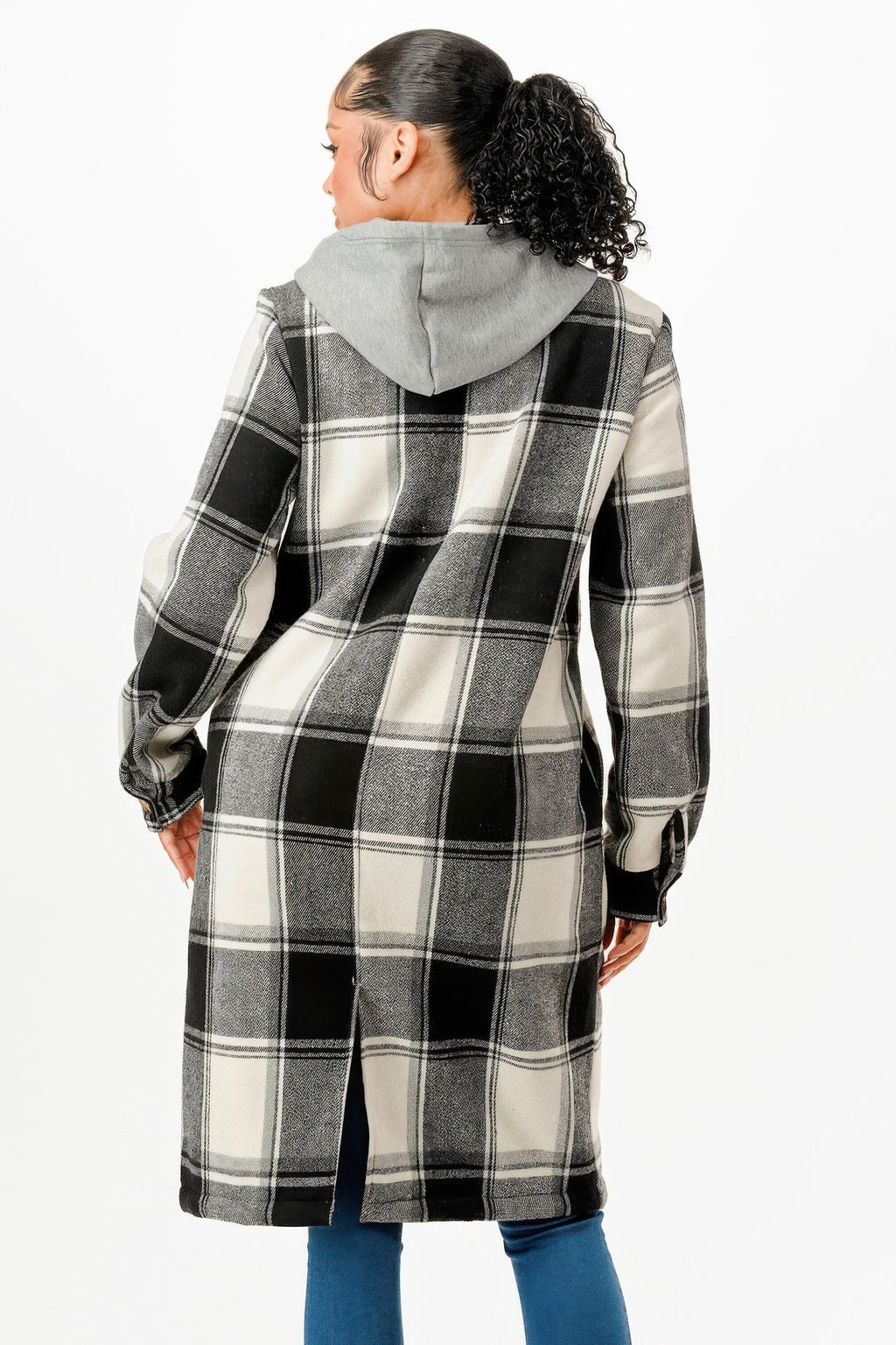 Women's Hooded Plaid Coat Black and White Button-Up Long Jacket - Image 5