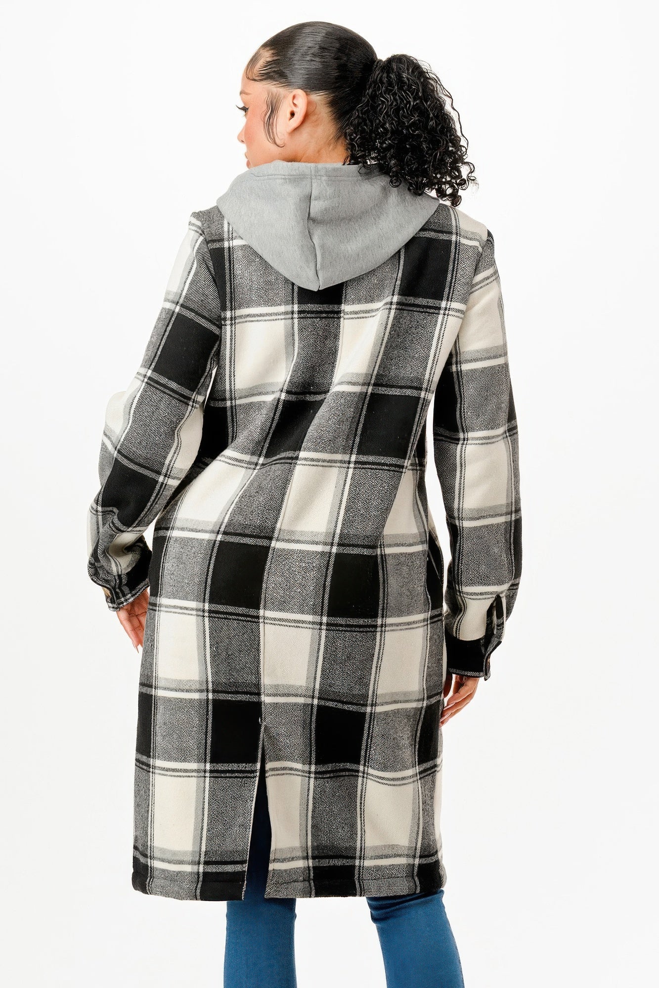 Women's Hooded Plaid Coat Black and White Button-Up Long Jacket - Image 5