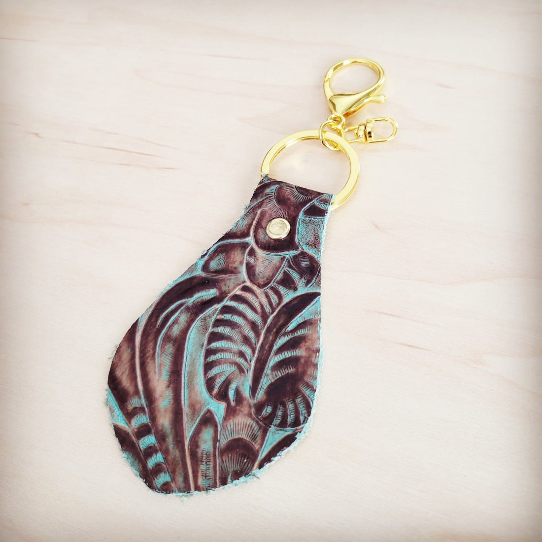 Embossed Leather Key Chain in Turquoise and Brown Floral Print - Image 2
