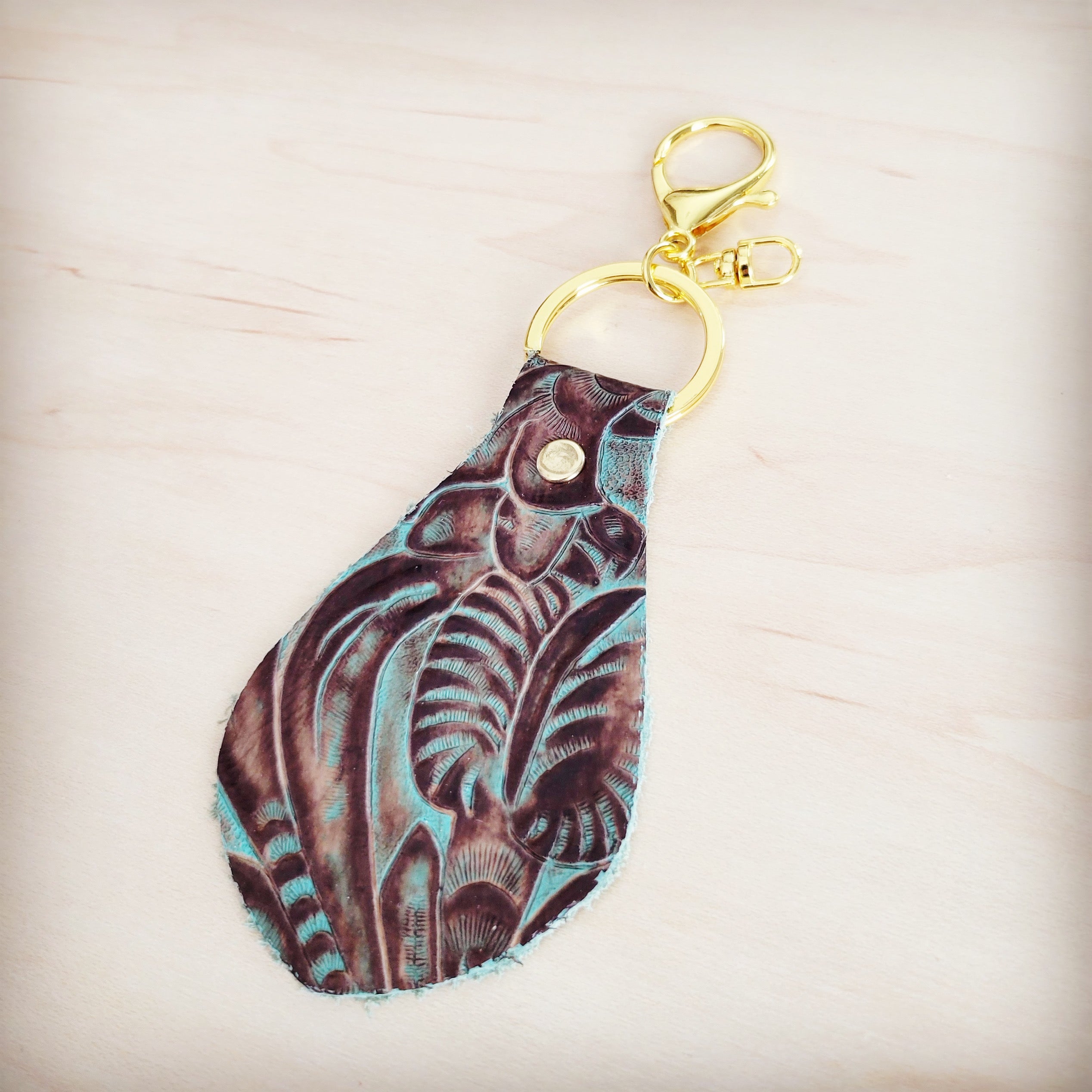 Embossed Leather Key Chain in Turquoise and Brown Floral Print - Image 2